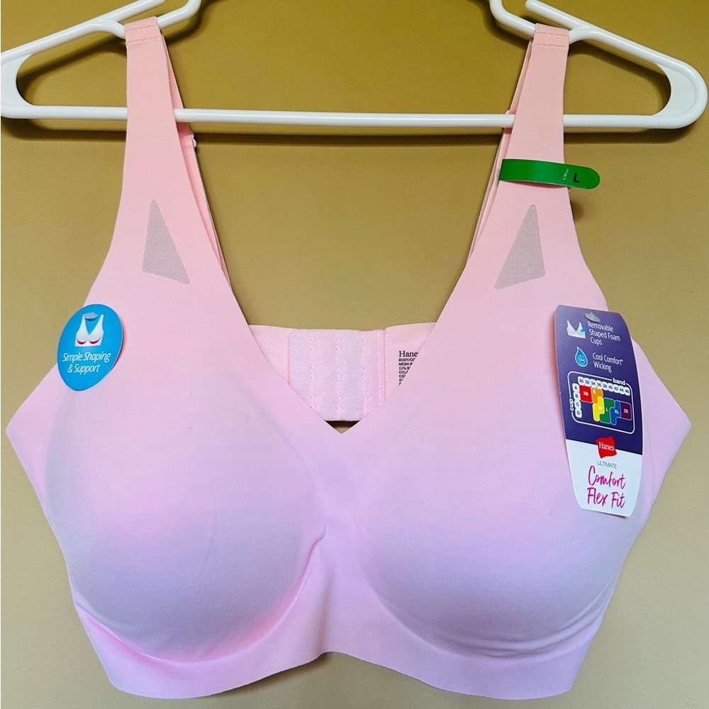 Hanes DHHU42 Ultra-Light Comfort V-Neck Wireless Bra Pink-Large